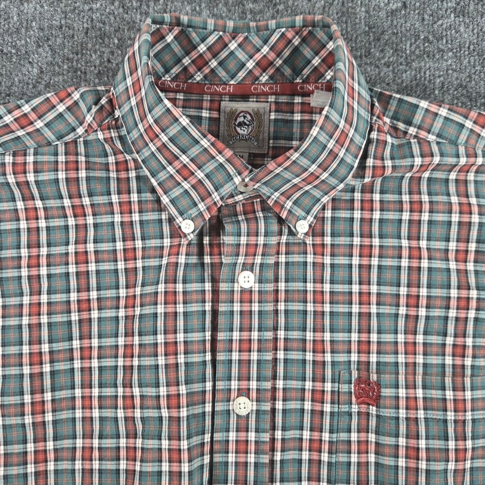 Cinch Button-Down Shirt Mens M‎ Plaid Green Red Western Cotton Long Sleeve